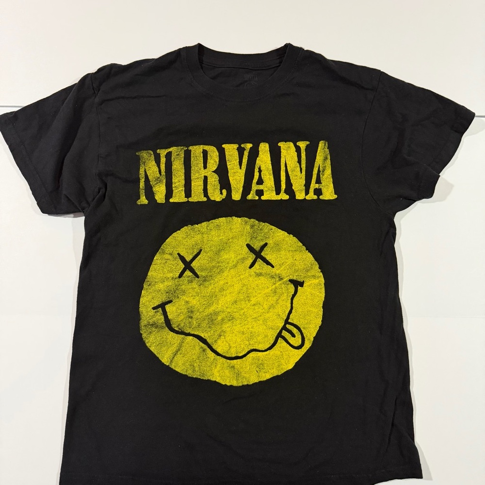 NIRVANA Black Tee with Yellow Smiley Graphic